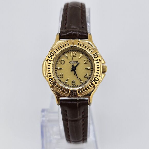 VTG Guess Women's Watch 27MM Gold Dial Brown New Leather Band Straps New Battery - Picture 1 of 12